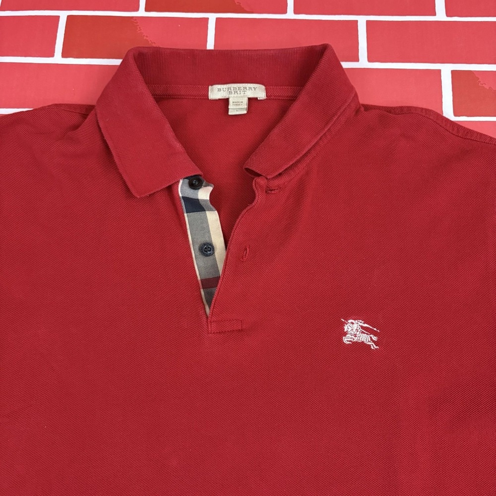 Burberry Brit Polo Shirt Mens L Red Cotton Check Placket Logo Short Sleeve